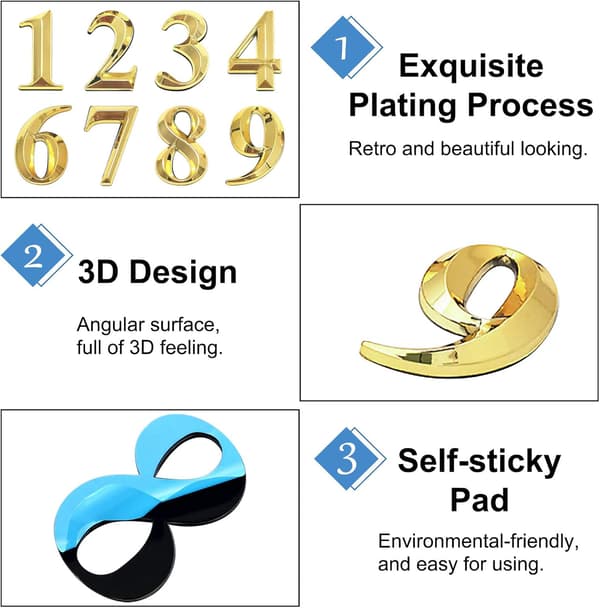 10 stk. selvklebende 3D husnumre postkasseadressenumre 0-9 (gull)