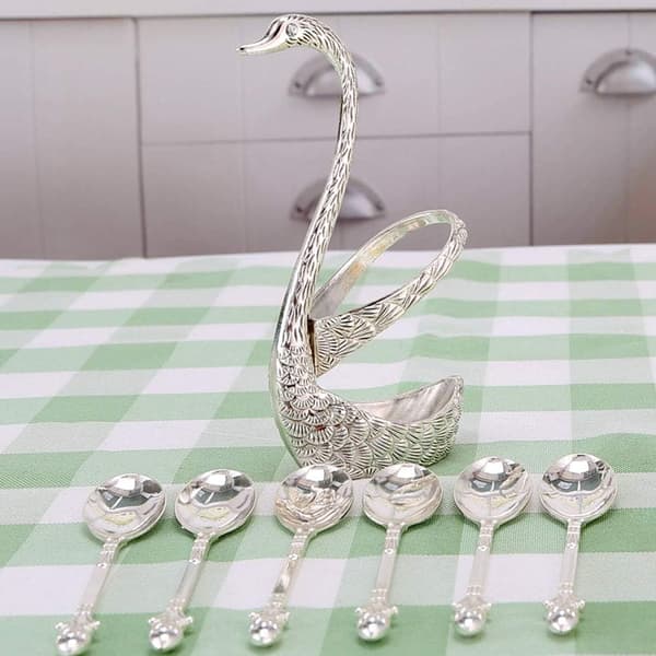 Kaffeske, serveringsske i rustfrit stål til dessert med svaneholder silver