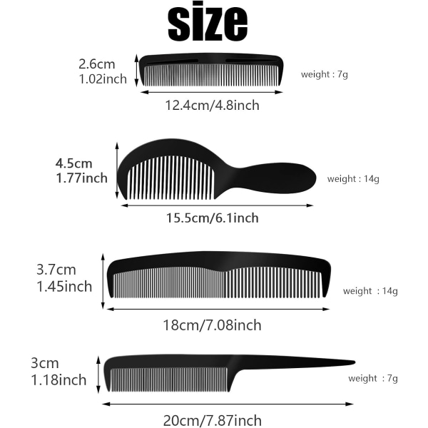 4 st hårklippningskamset frisörkammar breda och fina tänder kammar barberarkammar (svart)