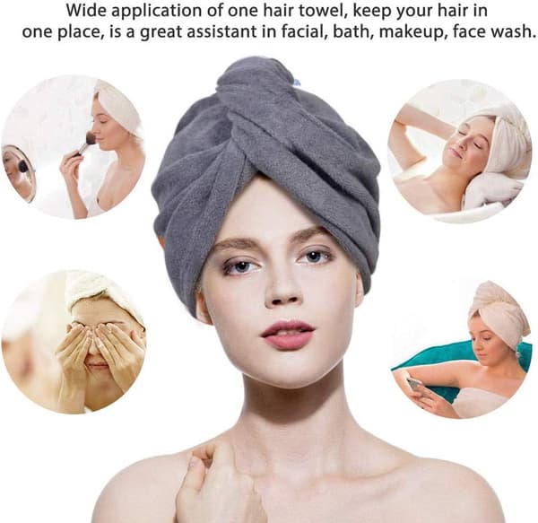 Dusjhette korallfleece tørrhårhette med designknapper (grå + blå) 2 stk