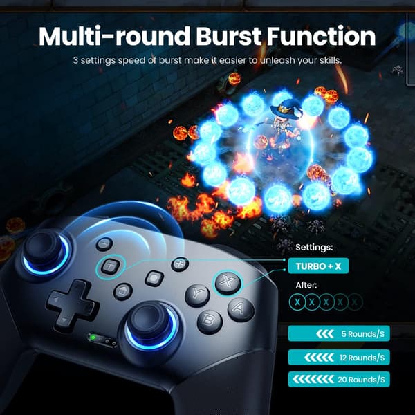 Trådløs controller til Switch/Switch Lite/OLED/PC, Gamepad med enkeltknaps-parring, 9-farvet RGB LED og 800mAh batteri