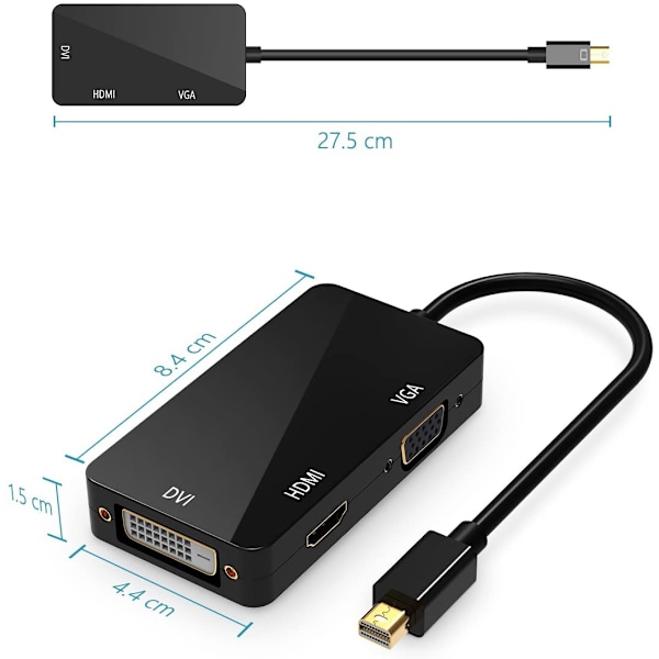 3 i 1 Thunderbolt-port Mini Displayport till HDMI DVI VGA-adapter Svart Black