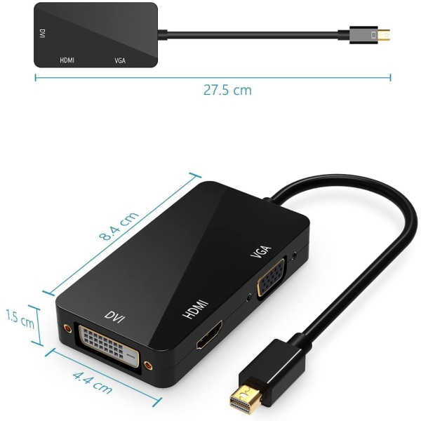 3 in1 Thunderbolt Port Mini Displayport för HDMI DVI VGA Adapter Svart Black