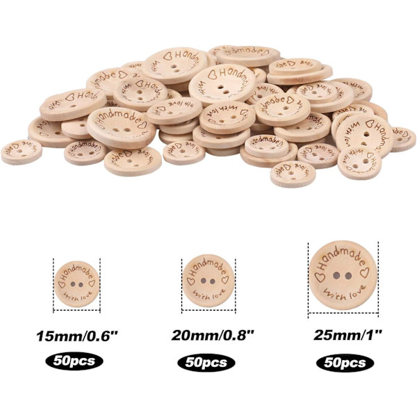 150 stycken handgjorda träknappar, 2 hål, sömnad och hantverksdekorationer (15 / 20 / 25 mm)