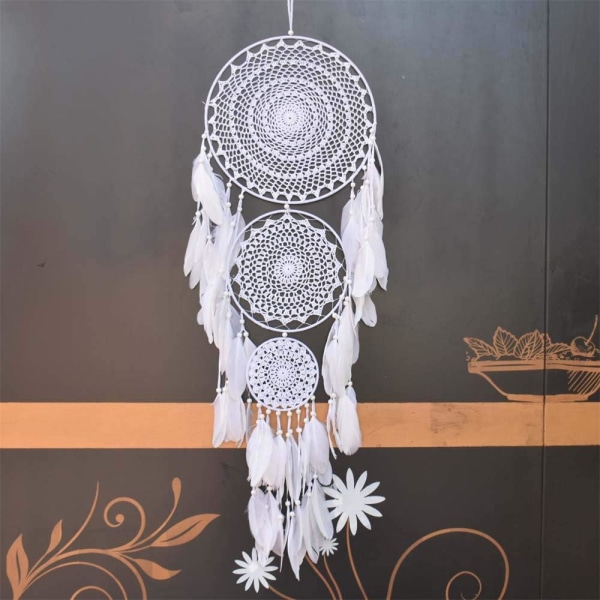 Drömfångare, boho-stil, med 3 cirklar, vit fjäder, väggdekoration, 127*35CM