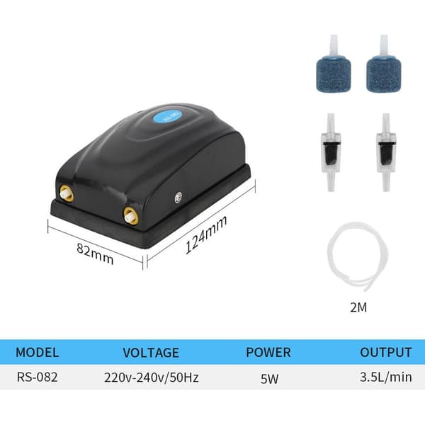 Mini 5W akvariepump, tyst akvariebubblare, syrepump för små akvarier, med luftslang, luftsten och backventil