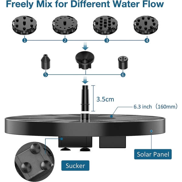 Solcellsfontän 2,5 W solcellsfontän med solpanel solcellsdammpump med 6 fontänmunstycken