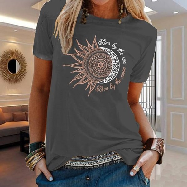 Sommar T-shirt för kvinnor Sol och måne Solros Tryck Mönster T-shirt Crew Neck Basic Casual Top（XL mörkgrå) dark grey