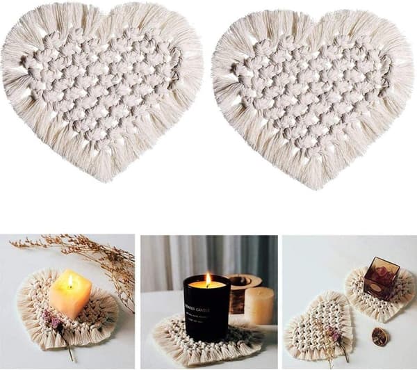 2 stykker håndvævede glasunderlag, boheme-stil bordtæppe med pompom (hjerteform)