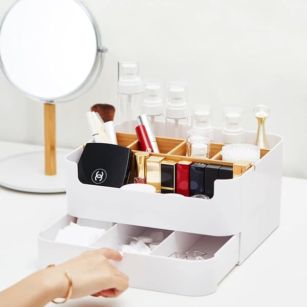 Højkvalitets Multifunktionel Bambus Make-up Organizer med 6 Rum og 1 Skuffe