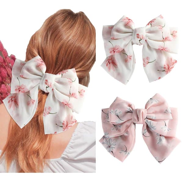 Chiffon Sløyfe Hårspenne Elastisk Hårspenne for Kvinner Fest Hodeplagg (Hvit + Rosa) 2 stk White+Pink