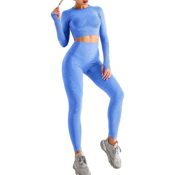 2 delar hög midja yoga outfit set Gym långärmad topp och jumpsuit (blå) S blue s