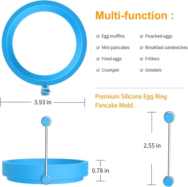 4 stk silikon eggering/pannekakeform. Runde silikon kokeringer med håndtak (blå) blue