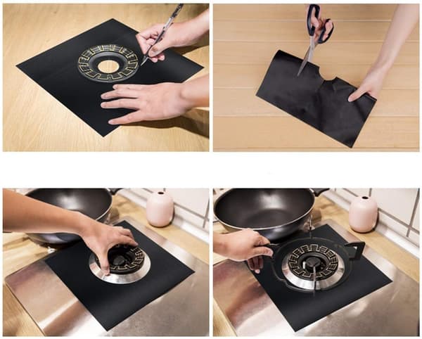 4 stk. gasblusbeskyttere, non-stick genanvendelig blusafdækning (sort) Black