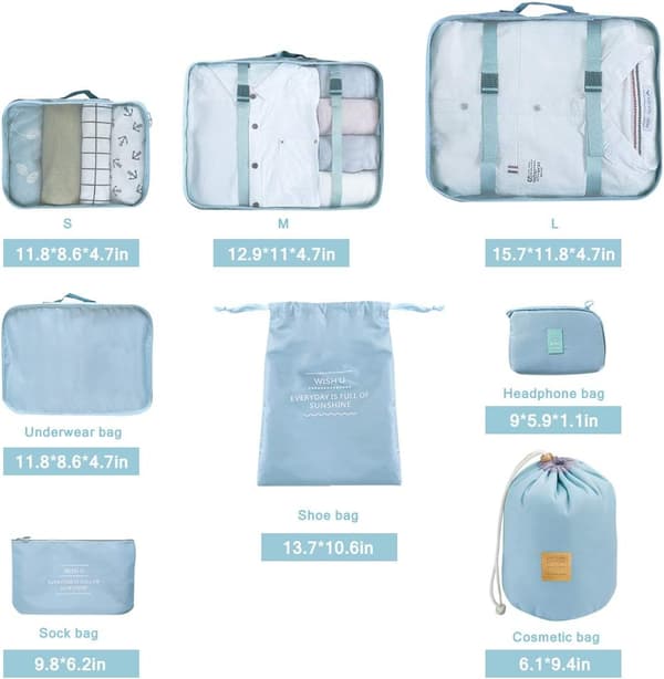 8-delt rejsekube foldbar mulepose-organizer Letvægts bagage-organizer (blå) Light Blue