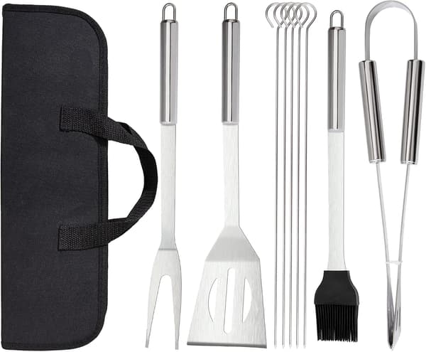 Rustfrit stål med grillgaffel, stegespade, børste, spyd, bæretaske, 9 dele