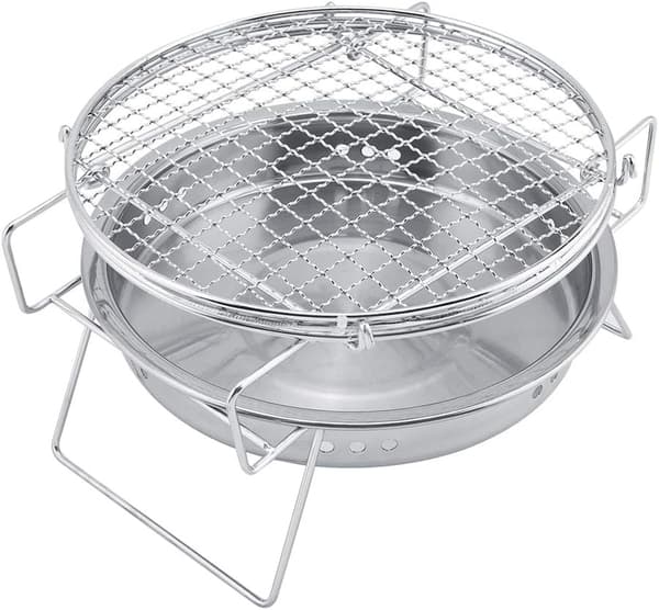 Minigrill, sammenleggbar rund grill i rustfritt stål