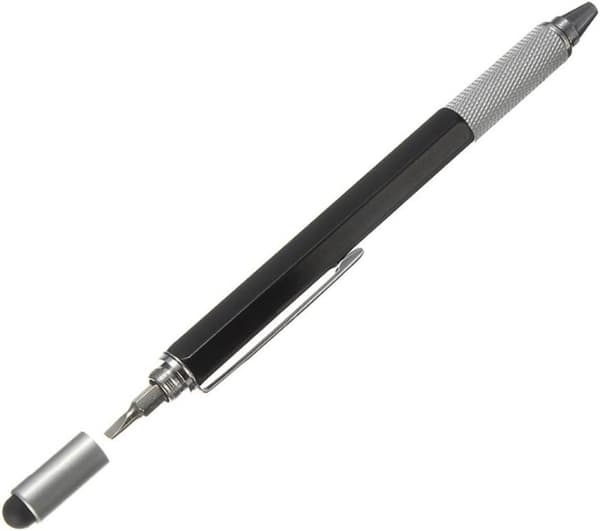 6-i-1 Tech-værktøjspen, touchskærmsstylus/fladhoved og vaterpas multifunktionsværktøj (sort) black