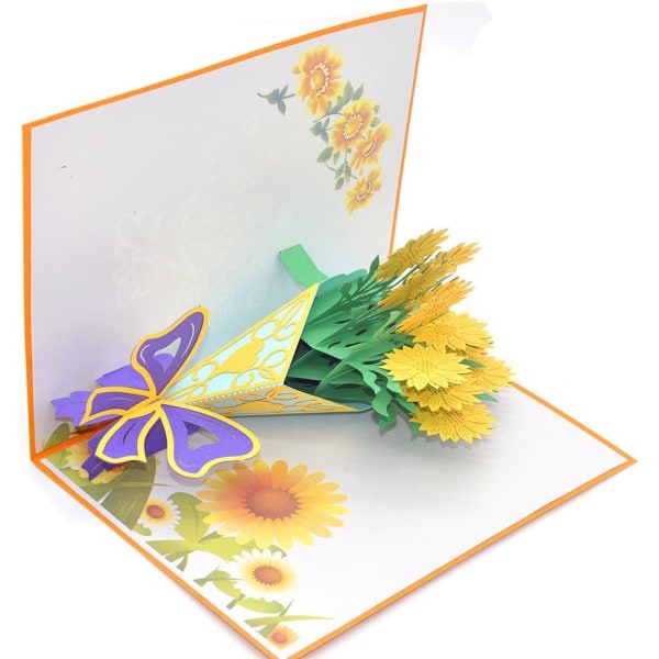 3D pop up gratulationskort med en bukett gyllene solrosor gratulationskort