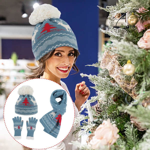 Jul stickad dam vinter varm mössa handskar ren halsduk set blue