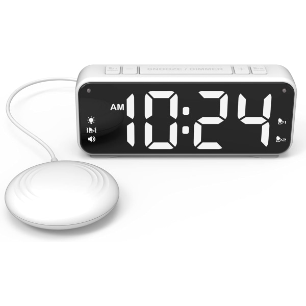 Vibrationsväckarklocka, extra högt alarm för sovande, extra stor display för äldre med dubbla alarm, VIT White