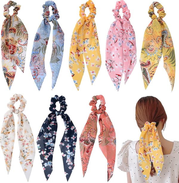8 st elastiska hårband, bandrosett scrunchies hästsvanshållare blommig prickig scrunchie