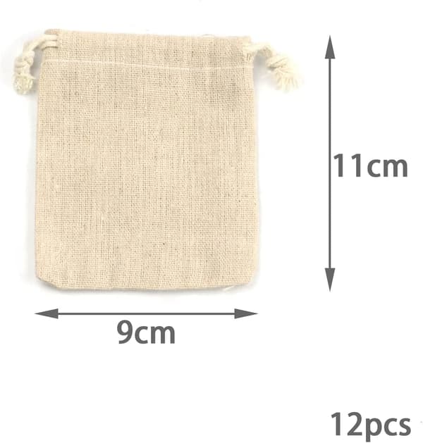 12 linnedposer, linnedpose 9cm x 11cm, Lille gavepose med snøre, bryllupsstofpose (9 x 11cm)