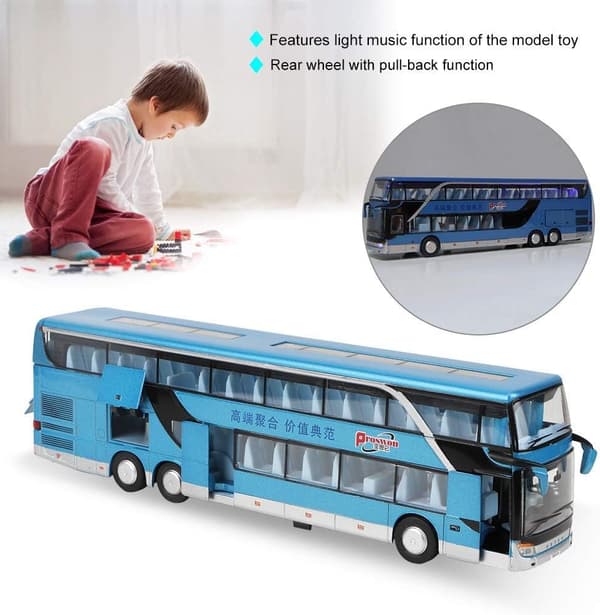 Børns mini dobbeltdækker busmodel legetøj med lys og musik (blå) Blue