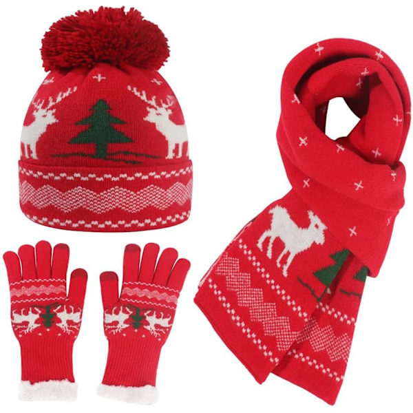 Jul stickad dam vinter varm mössa handskar ren halsduk set Red