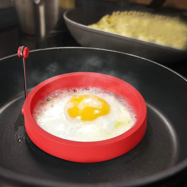 4 stk silikon eggering/pannekakeform. Runde silikonringer med håndtak (rød) red