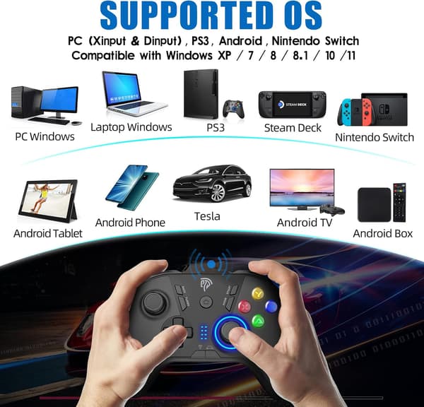 Trådløs Game Controller til Windows PC/Steam Deck/PS3/Android TV BOX, Dual Vibration Plug & Play Gamepad med 4 Brugerdefinerede Knapper til Nintendo Switch