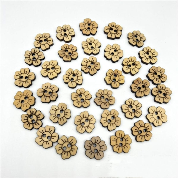 100 st solida träblommor knapp 2-hål fem kronblad knapp barn tröja DIY kläder (20 MM)