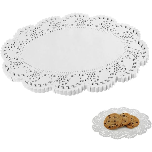 Engångs vit spetsduk spetsdyna papper 7,5X10,5 tum 150 stycken (oval)