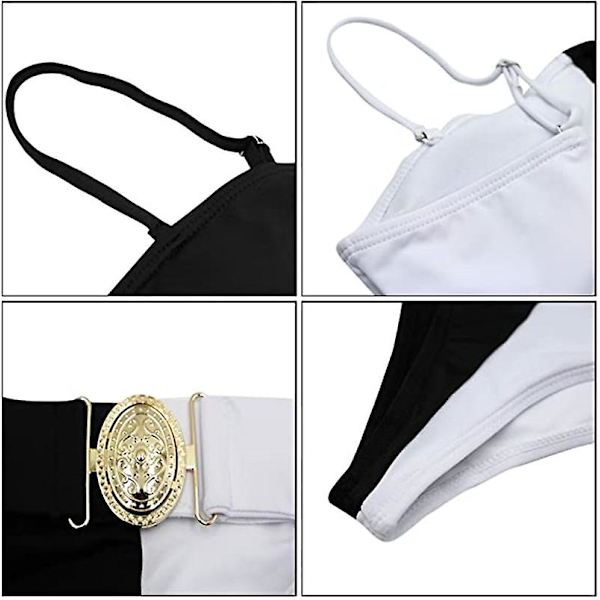 Kvinnors 2-delade sexiga underboob utskurna bikini badkläder silver läder lappverk baddräkt, M Black + White m