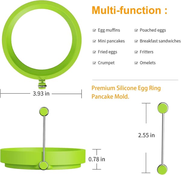 4 stk silikon eggering/pannekakeform. Runde silikon kokeringer med håndtak (grønn) green
