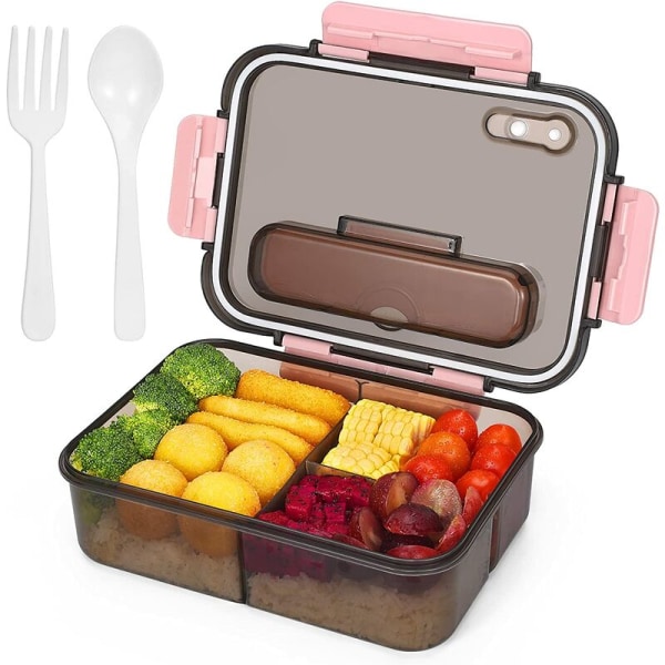 Bento-låda för vuxna och barn, matförvaring och lunchlåda i plast för avhämtning, 1500 ml 3-fack multifunktionsbehållare med porslin (rosa)