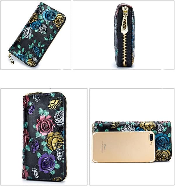 Dame Rose Blomst Lang Skinnlommebok 3D Stereo Multikort Blomsterlommebok
