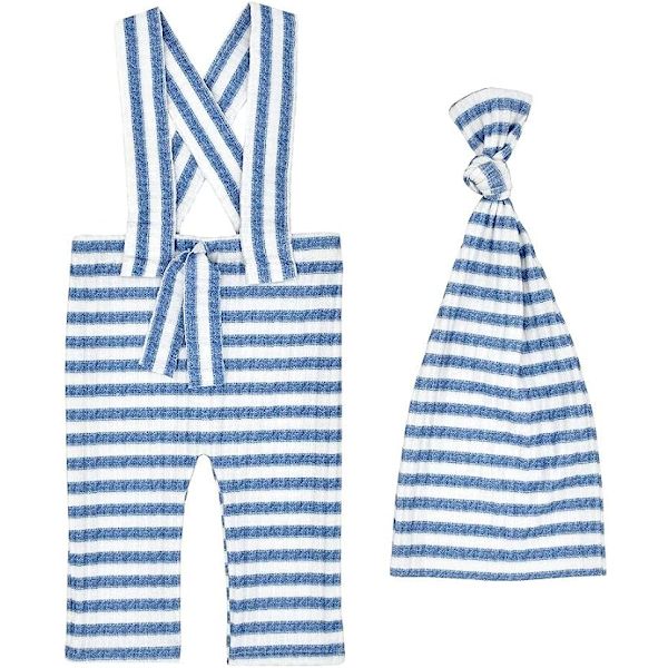 Nyfödd babyfotografering rekvisita kläder randig jumpsuit romper knut mössa för 0-2 månader (blå) color 2
