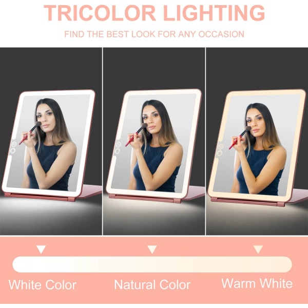 LED Fällbar Skrivbords Makeup Spegel för Kosmetika, Kontor - 7x9 Tum, Bärbar, 3 Färg Ljusmönster USB Laddningsbar Touch Screen, (Rose Gold) Rose Gold