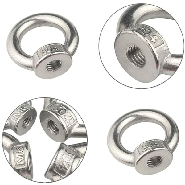 M8 Ögonmutter för lyft 10 st 304 Rostfritt stål Ögonmutter Silver Honmutter Fästelement Gängad mutter Lyftring Ögonbult för lyfttillbehör