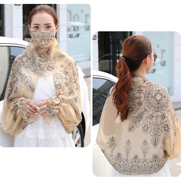 Kvinnors Chiffon Långärmad Anti-UV-kappa med Mask Finger Hole Sjal brown