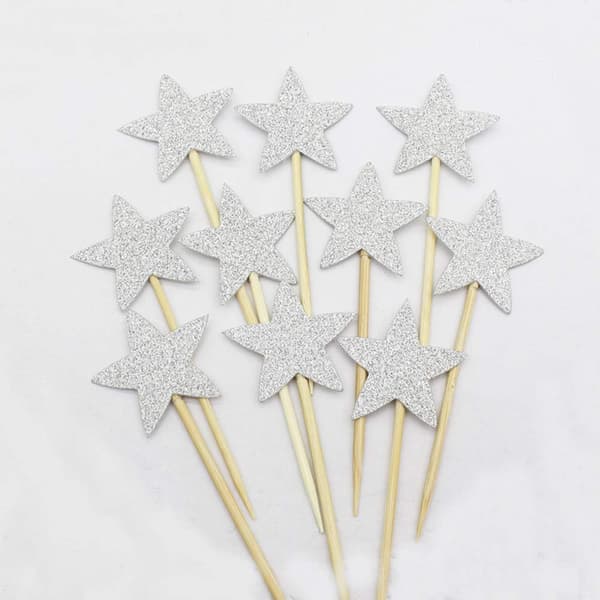 60 stk. glitter sølvstjerne cupcake-topper pentagram kake dessertinnlegg