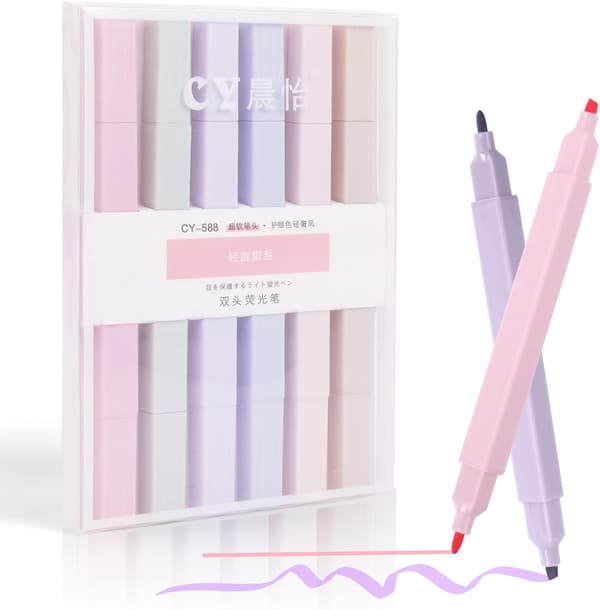 Pastellfärgad highlighter, 6-pack dubbelsidig highlighter, bibelmarkeringsfärg