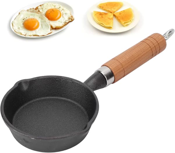 Mini støpejernspanne, forbehandlet liten støpejernspanne med trehåndtak 10 cm
