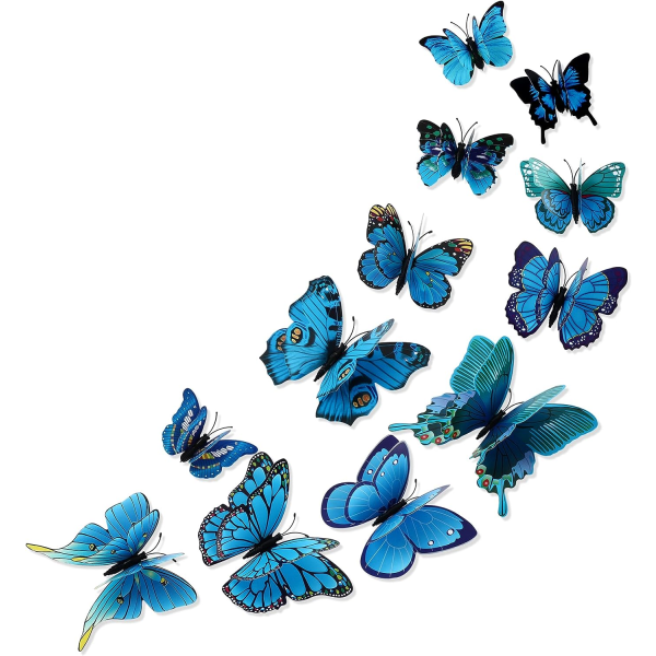 Avtagbar 3D-dekor för väggmålning med fjäril (dubbelt lager - blå/12 delar) Blue