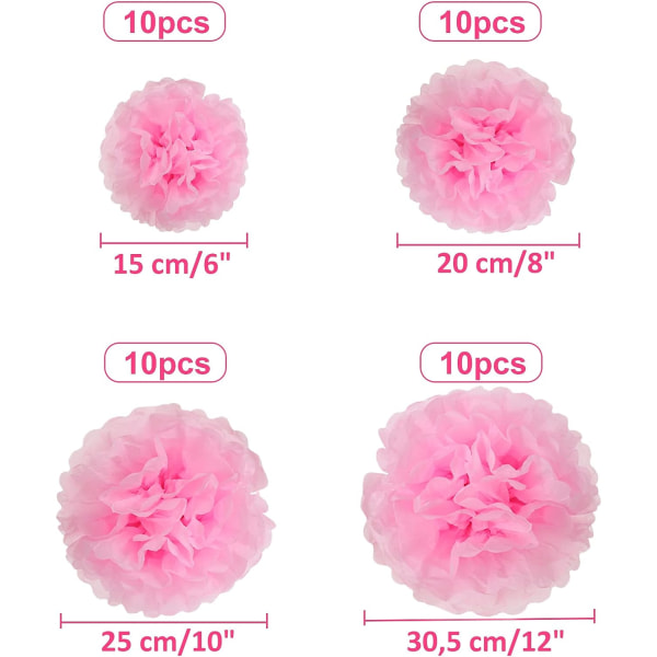 40 st pompom rosa sidenpapper - 15, 20, 25, 30 cm dekorpapper, julsilkeskula att hänga