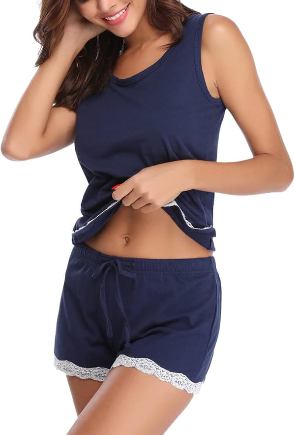Korte pyjamaser for kvinner, ermeløs bomullstopp og shorts, koseklær (blå, 2 deler) M Blue m