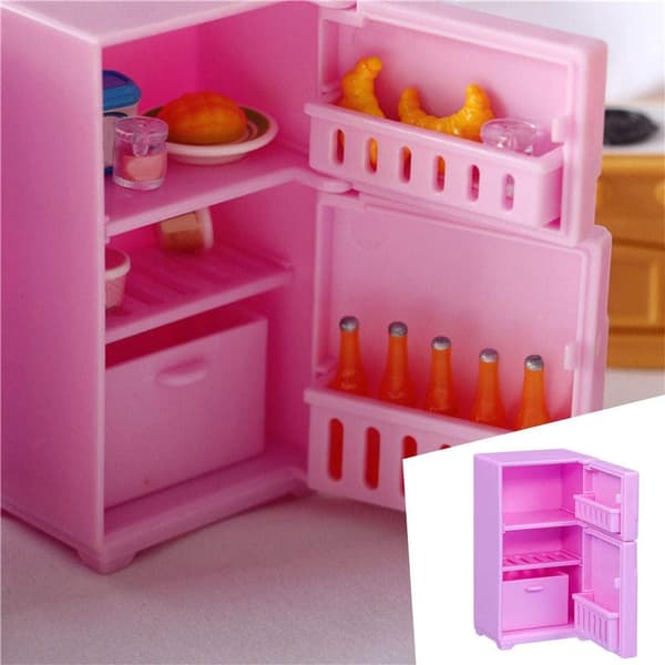 Simulerad kylskåpsmöbelmodell fotorekvisita 1:12 dockhus-rosa Pink