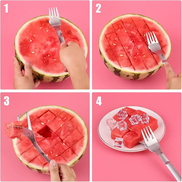 Vannmelonkuttergaffel, 2-i-1 Vannmelongaffelkutter Sandia-kutter Fruktgaffelkutter i rustfritt stål