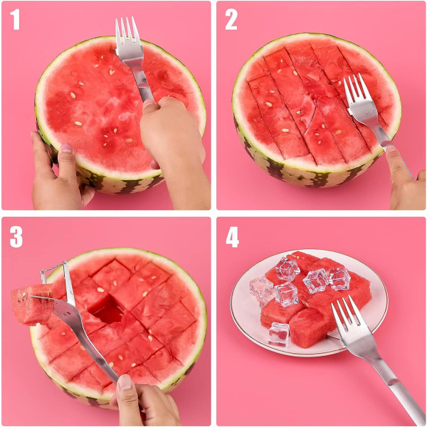 Vattenmelon Slicer Gaffel, 2-i-1 Vattenmelon Gaffel Slicer Sandia Cutter Rostfritt Stål Frukt Gaffel Cutter